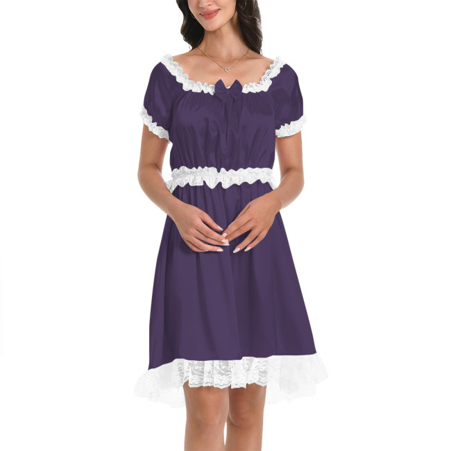 Womens Mens Smooth Satin Flared Short Dresses Short Sleeve French Babydoll Dress with Ruffled Lace Cross Dresser Pajama Dress