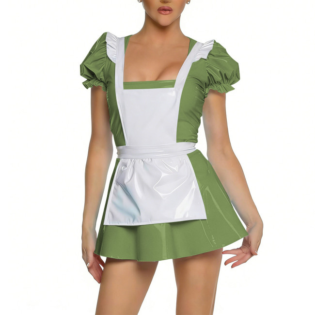 Glossy Party Cosplay Maid Fancy Dress Puff Short Sleeve PVC Shiy A-line Mini Dress Outfit Sissy Maid Outfit Anime Sexy Uniform