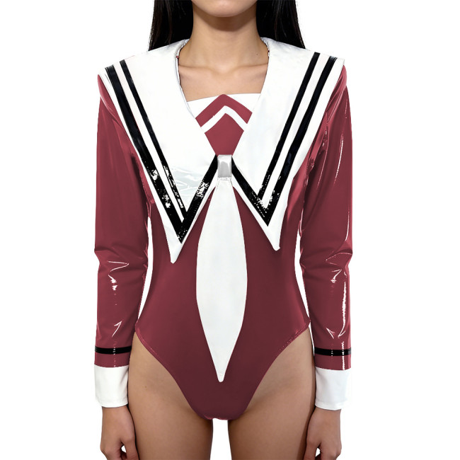Chic Anime Shiny Party Bodysuit Glossy PVC Leather Sailor Collar Rompers Long Sleeves School Uniform Halloween Cosplay Outfit