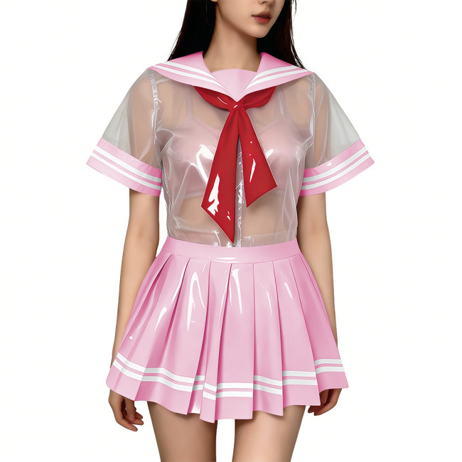 Exotic Sexy Short Transparent Sailor Uniform Wetlook PVC Short Sleeve Top with Pleated Mini Skirts  Cosplay JK Student Costume
