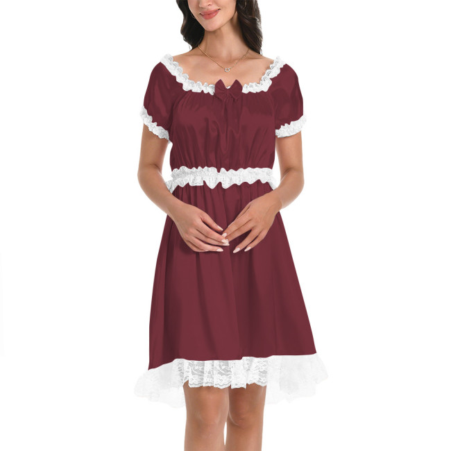 Womens Mens Smooth Satin Flared Short Dresses Short Sleeve French Babydoll Dress with Ruffled Lace Cross Dresser Pajama Dress