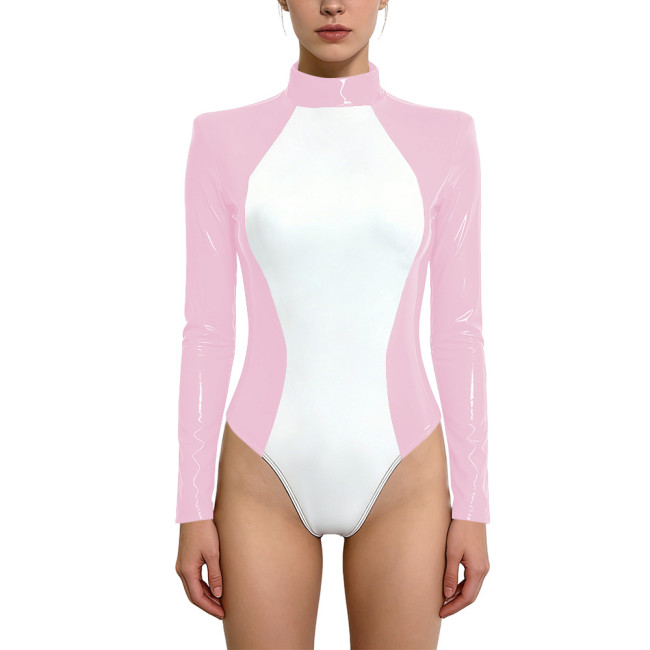 Sexy PVC Halter Neck Bodysuit for Women Glossy Patchwork Back Zip One Piece Rompers Wet Look Lingerie Rave Party Cosplay Leotard