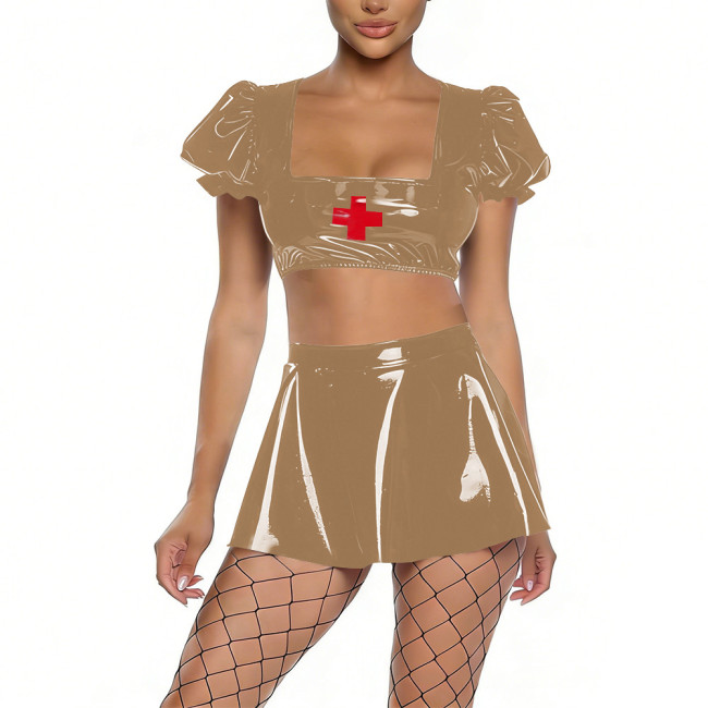 Womens Shiny PVC Nurse Uniform Short Puff Sleeve Crop Top with Flared Mini Skirt Two-Piece Set for Cosplay Themed Party Dress Up