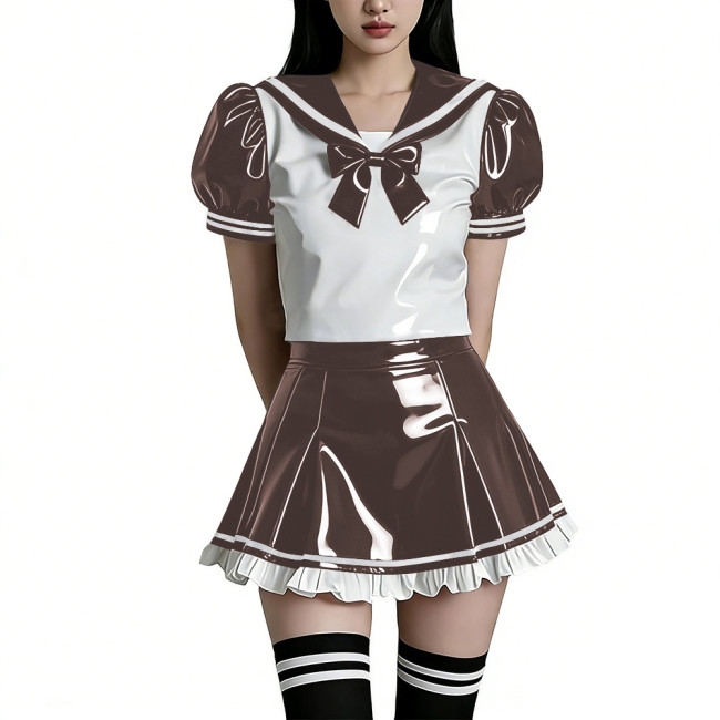 Shiny PVC Wetlook Sailor Uniform Set Glossy Vinyl Puff Sleeve Rave Party Lolita Bow Top Ruffled Mini Skirt Two Piece Cosplay Set