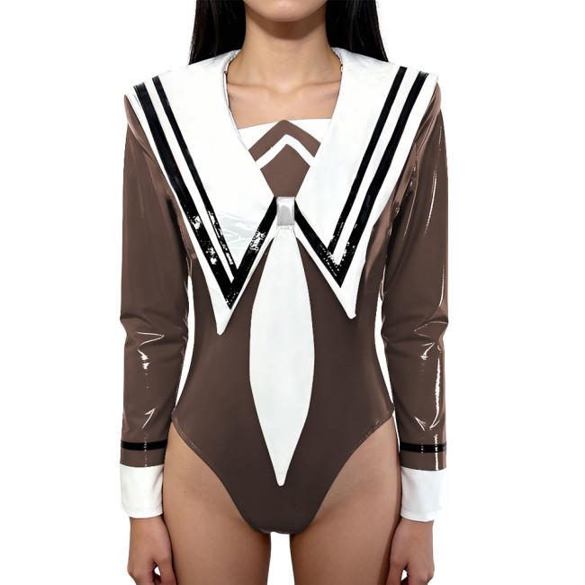 Chic Anime Shiny Party Bodysuit Glossy PVC Leather Sailor Collar Rompers Long Sleeves School Uniform Halloween Cosplay Outfit