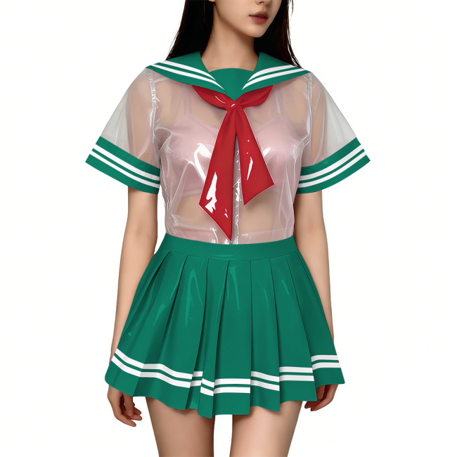 Exotic Sexy Short Transparent Sailor Uniform Wetlook PVC Short Sleeve Top with Pleated Mini Skirts  Cosplay JK Student Costume