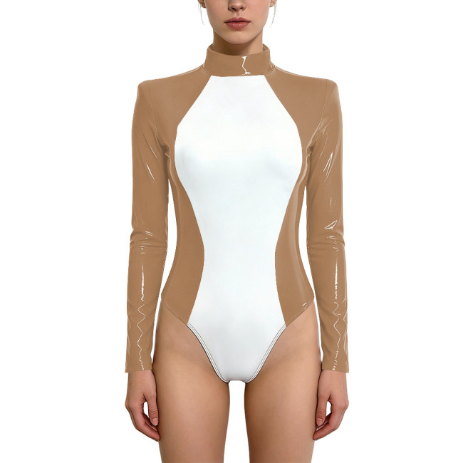 Sexy PVC Halter Neck Bodysuit for Women Glossy Patchwork Back Zip One Piece Rompers Wet Look Lingerie Rave Party Cosplay Leotard