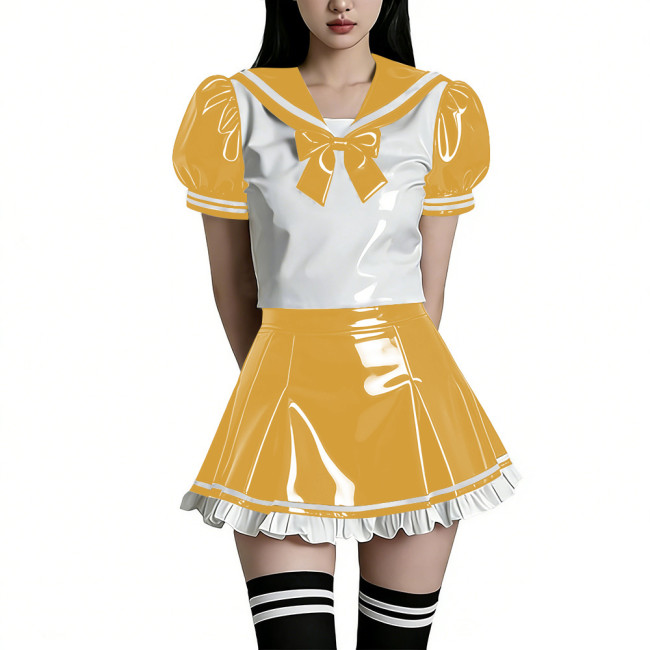 Shiny PVC Wetlook Sailor Uniform Set Glossy Vinyl Puff Sleeve Rave Party Lolita Bow Top Ruffled Mini Skirt Two Piece Cosplay Set
