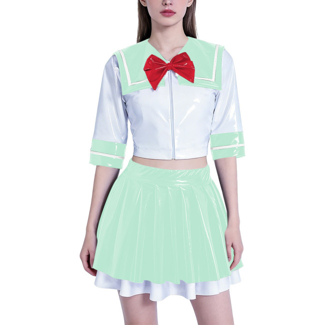 Anime School Girl Cosplay Dress Set Women PVC Latex-look Sailor Collar Crop Top with Flared Pleated Skirt Themed Party Outfit