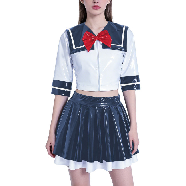 Anime School Girl Cosplay Dress Set Women PVC Latex-look Sailor Collar Crop Top with Flared Pleated Skirt Themed Party Outfit