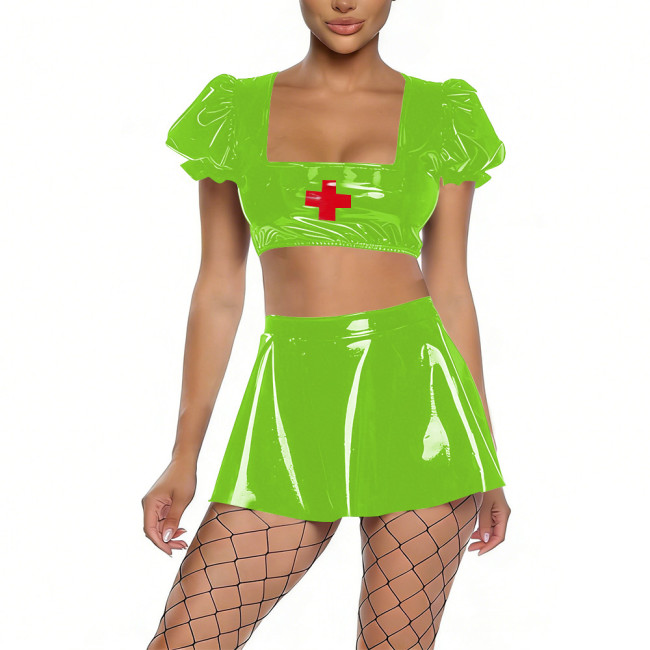 Womens Shiny PVC Nurse Uniform Short Puff Sleeve Crop Top with Flared Mini Skirt Two-Piece Set for Cosplay Themed Party Dress Up