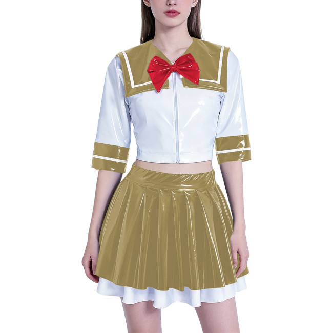 Anime School Girl Cosplay Dress Set Women PVC Latex-look Sailor Collar Crop Top with Flared Pleated Skirt Themed Party Outfit