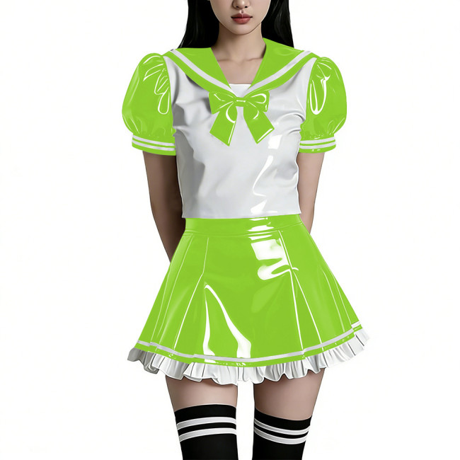 Shiny PVC Wetlook Sailor Uniform Set Glossy Vinyl Puff Sleeve Rave Party Lolita Bow Top Ruffled Mini Skirt Two Piece Cosplay Set