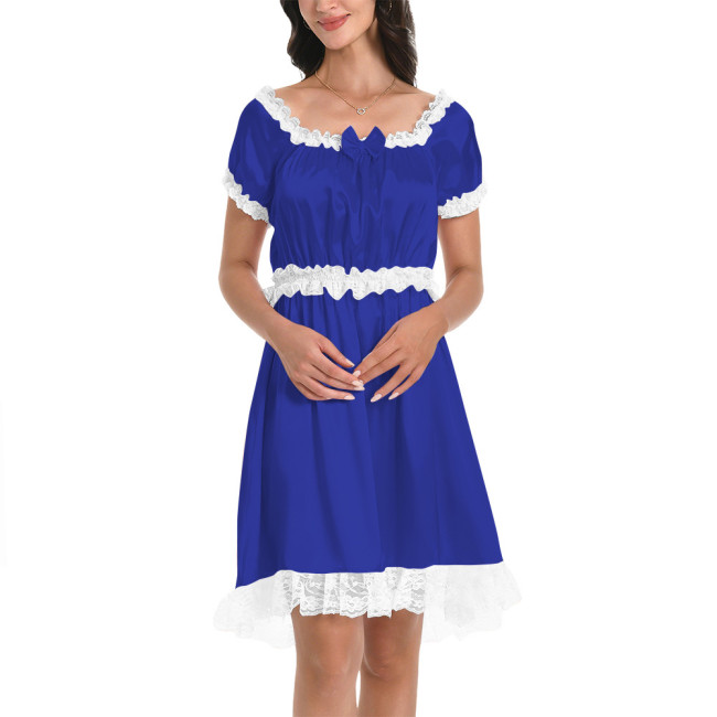 Womens Mens Smooth Satin Flared Short Dresses Short Sleeve French Babydoll Dress with Ruffled Lace Cross Dresser Pajama Dress