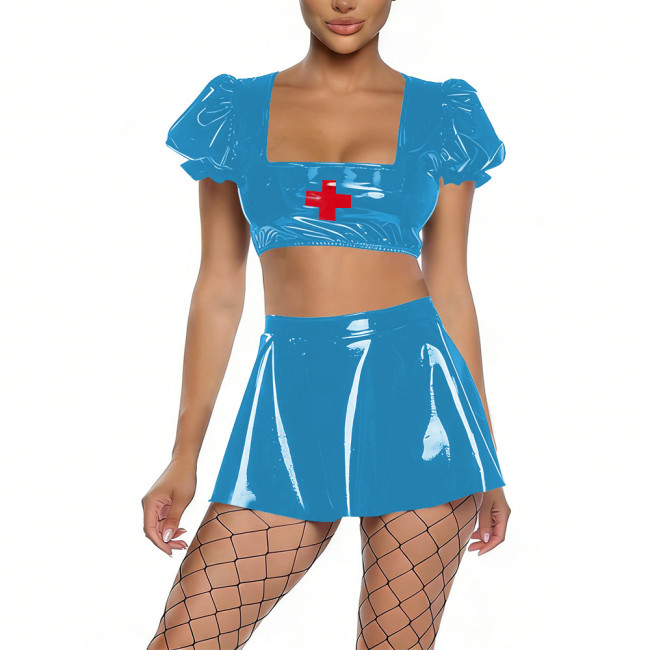 Womens Shiny PVC Nurse Uniform Short Puff Sleeve Crop Top with Flared Mini Skirt Two-Piece Set for Cosplay Themed Party Dress Up