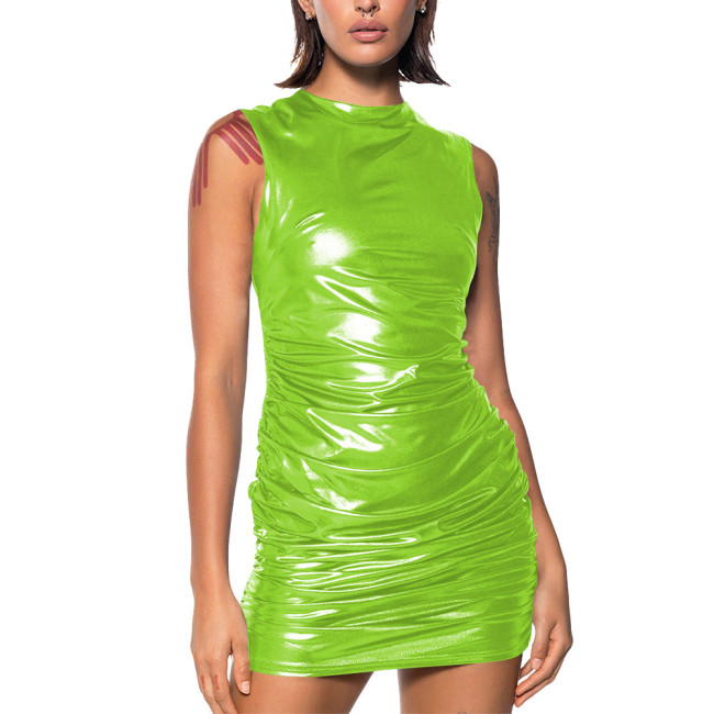Womens Skinny Metallic Liquid Mini Dress Fashion Sleeveless O-Neck Solid Club Short Dress Night Party Evening Bodycon Dresses