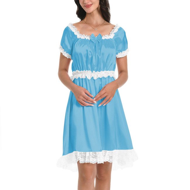 Womens Mens Smooth Satin Flared Short Dresses Short Sleeve French Babydoll Dress with Ruffled Lace Cross Dresser Pajama Dress