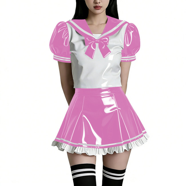 Shiny PVC Wetlook Sailor Uniform Set Glossy Vinyl Puff Sleeve Rave Party Lolita Bow Top Ruffled Mini Skirt Two Piece Cosplay Set