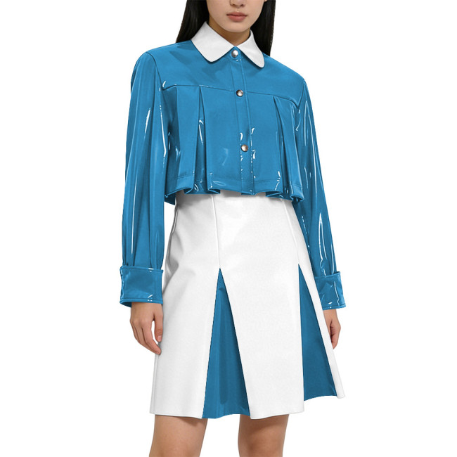 Y2K Shiny PVC Glossy Contrast Color Short Dress Sets High Waist Cocktail Skirt Outfit Elegant Preppy Cosplay Ladies Bodycon Party Dresses