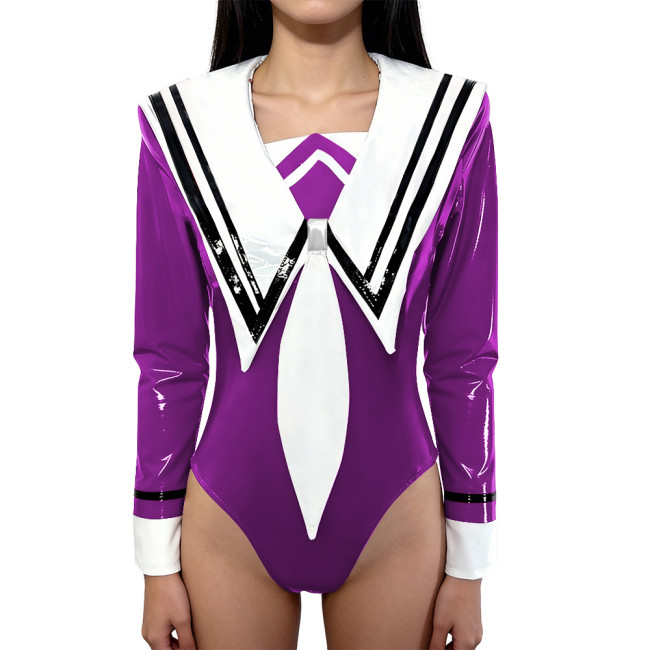 Chic Anime Shiny Party Bodysuit Glossy PVC Leather Sailor Collar Rompers Long Sleeves School Uniform Halloween Cosplay Outfit