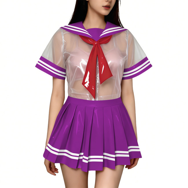Exotic Sexy Short Transparent Sailor Uniform Wetlook PVC Short Sleeve Top with Pleated Mini Skirts  Cosplay JK Student Costume
