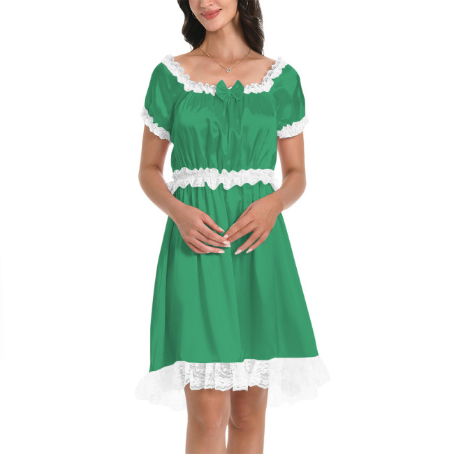 Womens Mens Smooth Satin Flared Short Dresses Short Sleeve French Babydoll Dress with Ruffled Lace Cross Dresser Pajama Dress