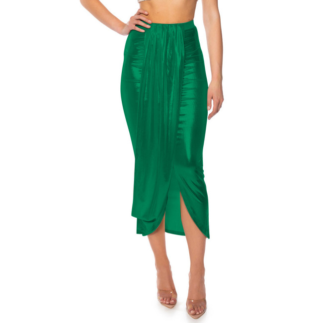 Fashion Night Shine Draped Gathered Midi Skirt Liquid Metallic Plus Size Skirts Sexy High Waist Bodycon Skirts Womens Streetwear