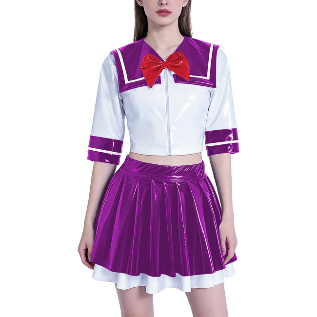 Anime School Girl Cosplay Dress Set Women PVC Latex-look Sailor Collar Crop Top with Flared Pleated Skirt Themed Party Outfit