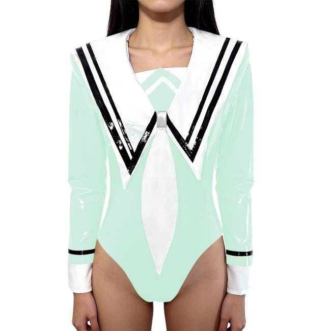 Chic Anime Shiny Party Bodysuit Glossy PVC Leather Sailor Collar Rompers Long Sleeves School Uniform Halloween Cosplay Outfit
