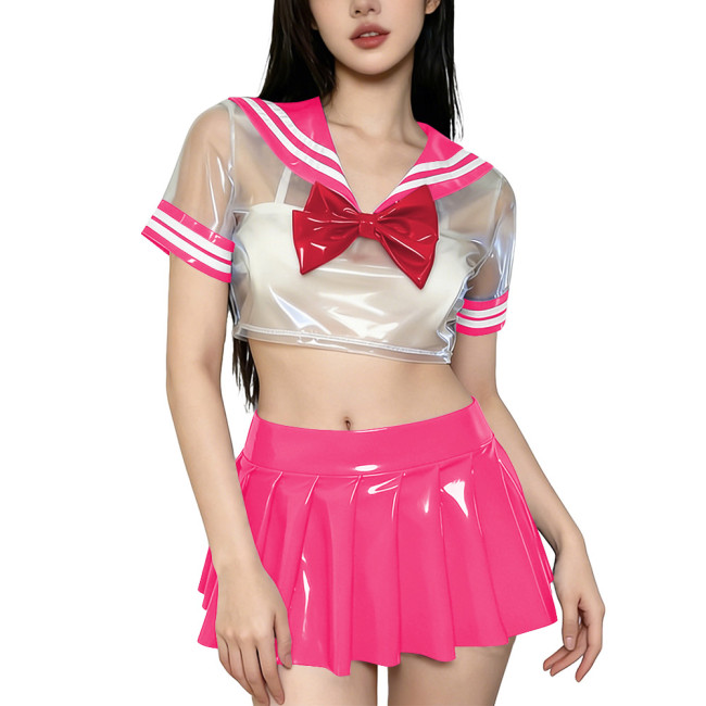 Novelty Clear PVC Sailor Collar Crop Top Shiny Pleated Mini Skirt Club Cosplay Student Uniform Sissy Themed Party Sailor Uniform