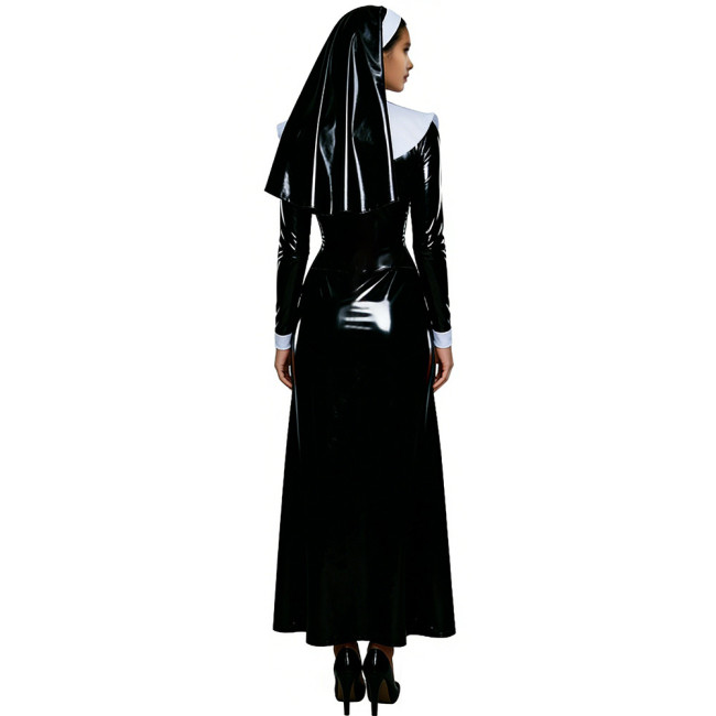 Womens Theme Party Nun Dress Outfits Glossy PVC Long Sleeve Maxi Dress with White Collar & Headscarf Halloween Cosplay Costume