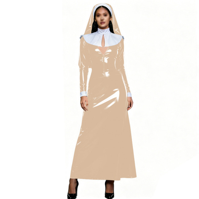 Womens Theme Party Nun Dress Outfits Glossy PVC Long Sleeve Maxi Dress with White Collar & Headscarf Halloween Cosplay Costume