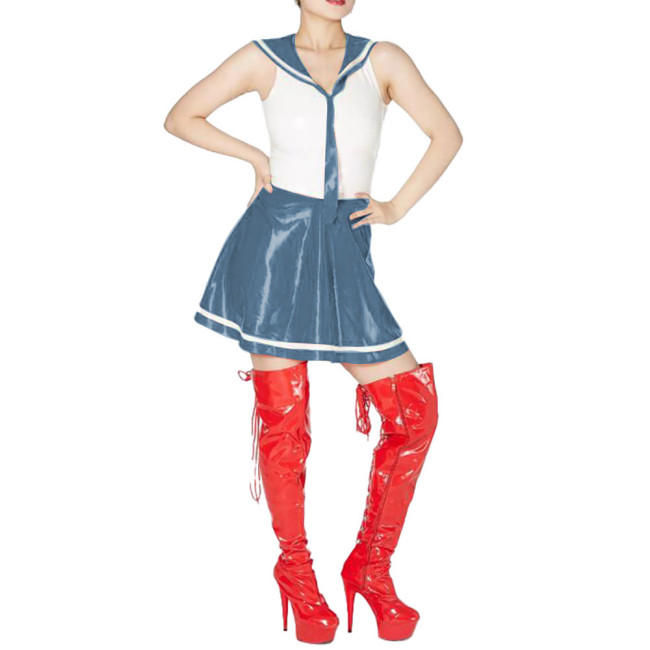 Sexy Sailor Cosplay Dress Outfits Sleeveless Patchwork A-line Dress with Sailor Collar Vinyl PVC Leather Pleated Student Uniform