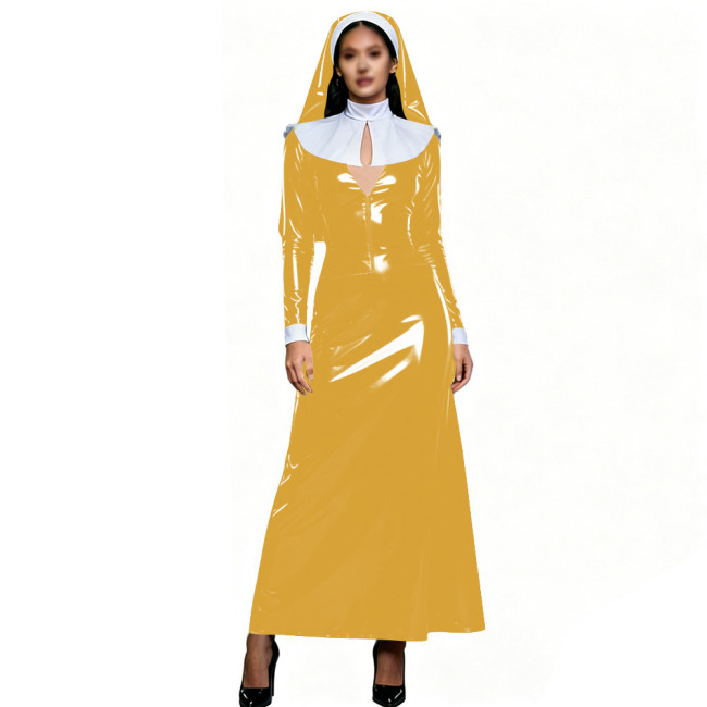Womens Theme Party Nun Dress Outfits Glossy PVC Long Sleeve Maxi Dress with White Collar & Headscarf Halloween Cosplay Costume