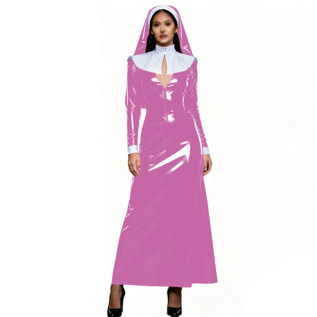 Womens Theme Party Nun Dress Outfits Glossy PVC Long Sleeve Maxi Dress with White Collar & Headscarf Halloween Cosplay Costume