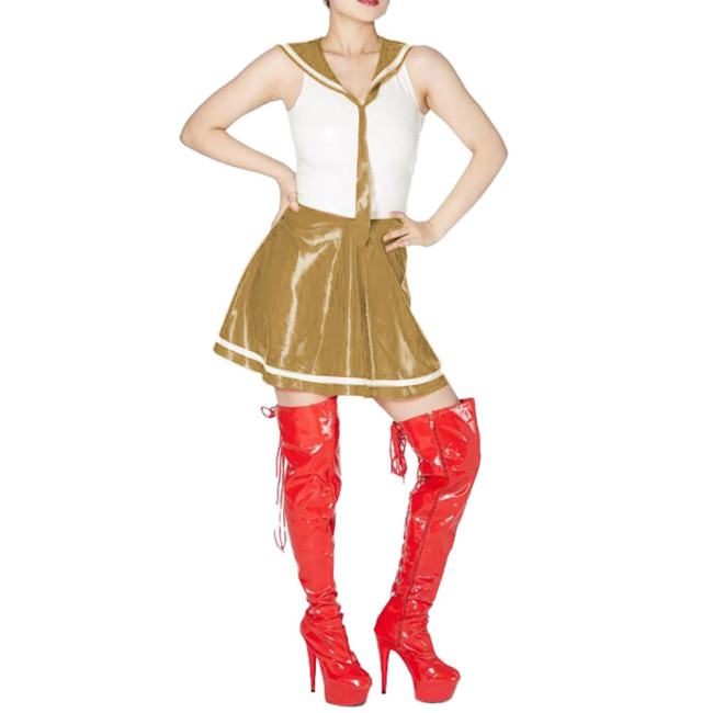Sexy Sailor Cosplay Dress Outfits Sleeveless Patchwork A-line Dress with Sailor Collar Vinyl PVC Leather Pleated Student Uniform