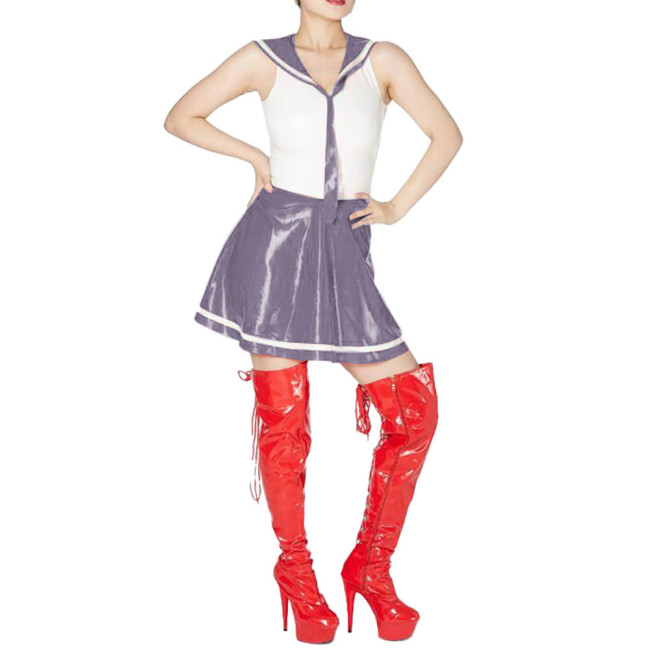 Sexy Sailor Cosplay Dress Outfits Sleeveless Patchwork A-line Dress with Sailor Collar Vinyl PVC Leather Pleated Student Uniform