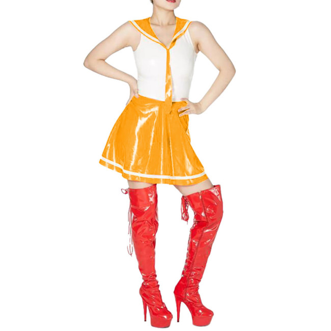 Sexy Sailor Cosplay Dress Outfits Sleeveless Patchwork A-line Dress with Sailor Collar Vinyl PVC Leather Pleated Student Uniform