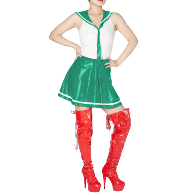 Sexy Sailor Cosplay Dress Outfits Sleeveless Patchwork A-line Dress with Sailor Collar Vinyl PVC Leather Pleated Student Uniform