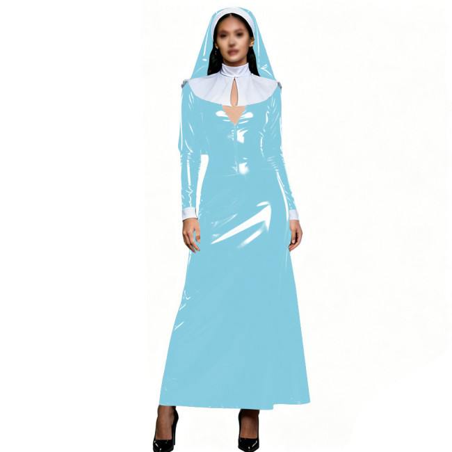 Womens Theme Party Nun Dress Outfits Glossy PVC Long Sleeve Maxi Dress with White Collar & Headscarf Halloween Cosplay Costume