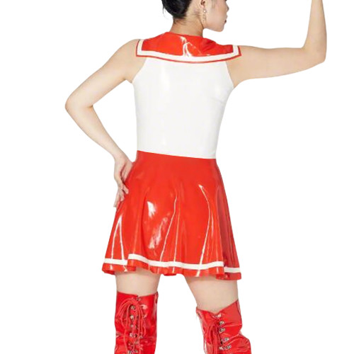 Sexy Sailor Cosplay Dress Outfits Sleeveless Patchwork A-line Dress with Sailor Collar Vinyl PVC Leather Pleated Student Uniform