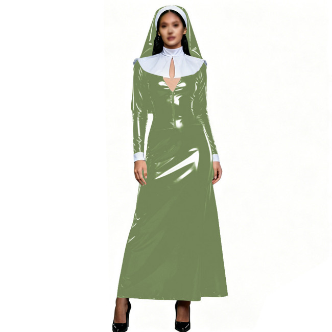 Womens Theme Party Nun Dress Outfits Glossy PVC Long Sleeve Maxi Dress with White Collar & Headscarf Halloween Cosplay Costume