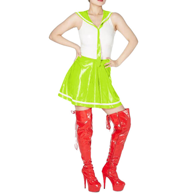 Sexy Sailor Cosplay Dress Outfits Sleeveless Patchwork A-line Dress with Sailor Collar Vinyl PVC Leather Pleated Student Uniform