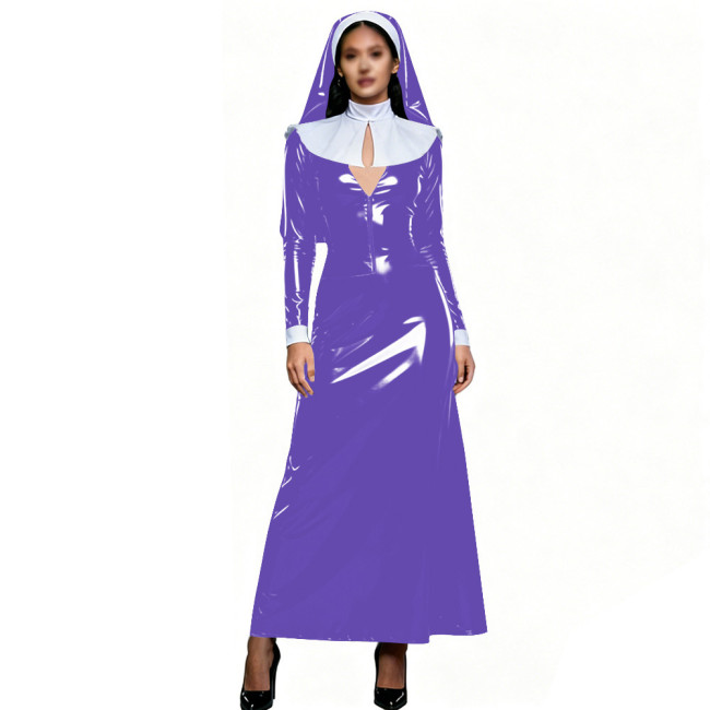 Womens Theme Party Nun Dress Outfits Glossy PVC Long Sleeve Maxi Dress with White Collar & Headscarf Halloween Cosplay Costume