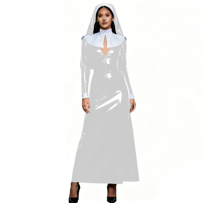 Womens Theme Party Nun Dress Outfits Glossy PVC Long Sleeve Maxi Dress with White Collar & Headscarf Halloween Cosplay Costume