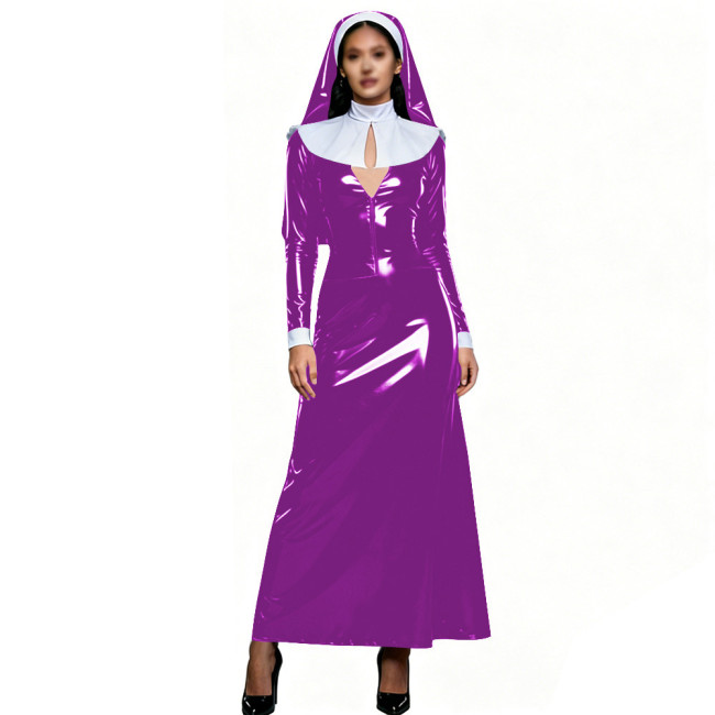 Womens Theme Party Nun Dress Outfits Glossy PVC Long Sleeve Maxi Dress with White Collar & Headscarf Halloween Cosplay Costume
