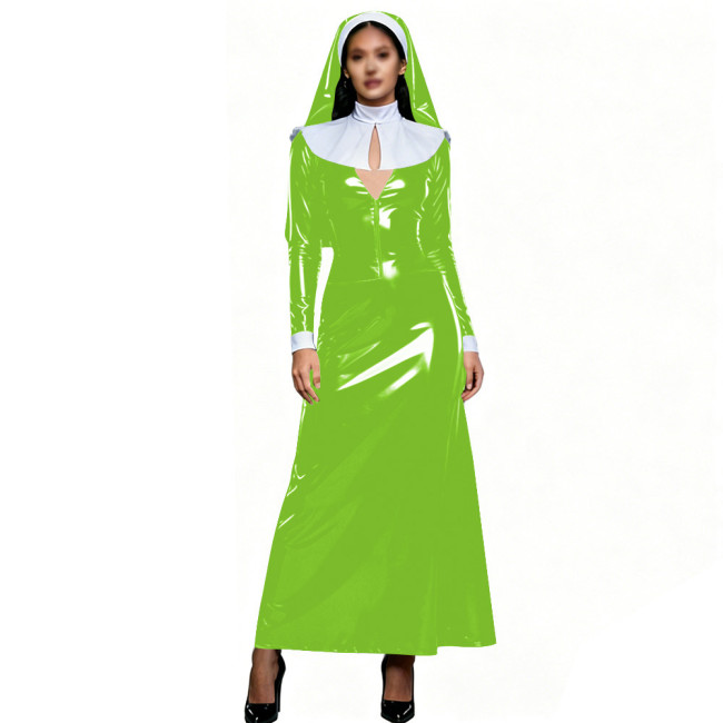 Womens Theme Party Nun Dress Outfits Glossy PVC Long Sleeve Maxi Dress with White Collar & Headscarf Halloween Cosplay Costume