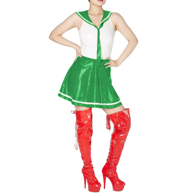Sexy Sailor Cosplay Dress Outfits Sleeveless Patchwork A-line Dress with Sailor Collar Vinyl PVC Leather Pleated Student Uniform