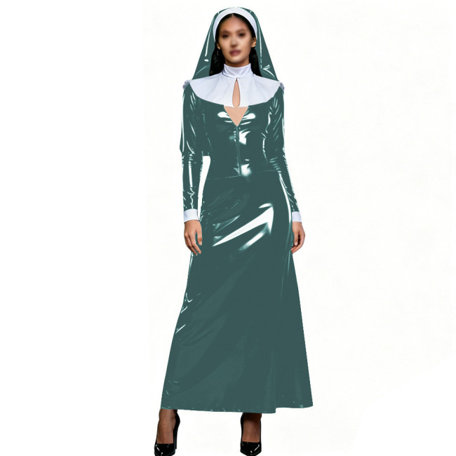 Womens Theme Party Nun Dress Outfits Glossy PVC Long Sleeve Maxi Dress with White Collar & Headscarf Halloween Cosplay Costume