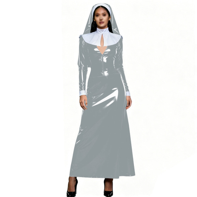 Womens Theme Party Nun Dress Outfits Glossy PVC Long Sleeve Maxi Dress with White Collar & Headscarf Halloween Cosplay Costume